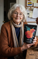 An older woman wearing glasses and a scarf smiles while holding a pouch of Pipi Tea.