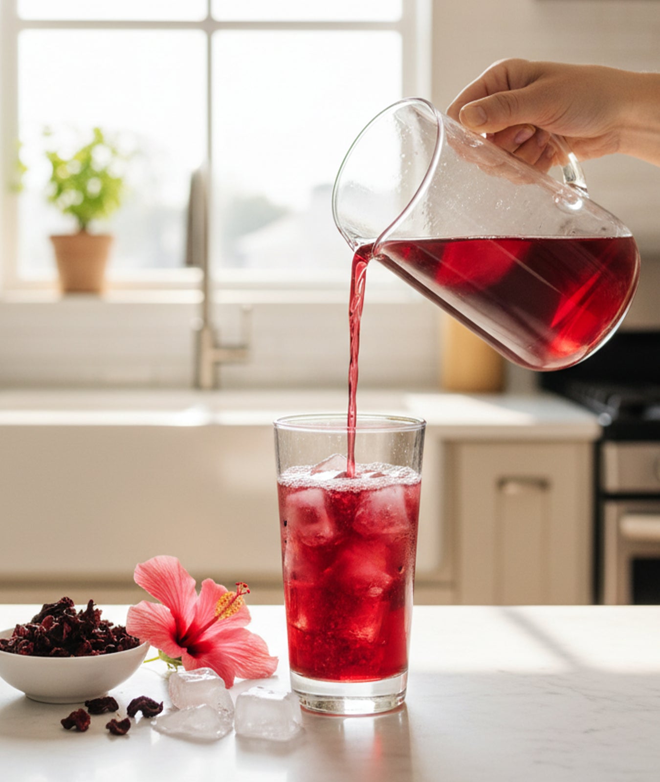 A hand pours red hibiscus tea from a glass pitcher into a glass filled with ice cubes.